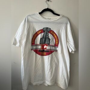 1989 Calgary Flame Stanley Cup Signed by Jim Peplinski White T-Shirt
